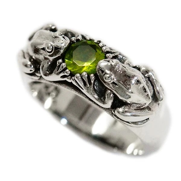 蛙 フロッグ ペリドット 天然石 縁起物 金運 メンズ シルバー925 リング 指輪