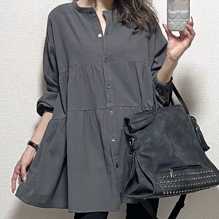 トップス シャツ 長袖 ラウンドネック 前開き ボタン ミディアム丈 切り替えデザイン かわいい 大人可愛い きれいめ シンプル 上品 おしゃれ かっこいい カジュアル こなれ感 個性的 主役級