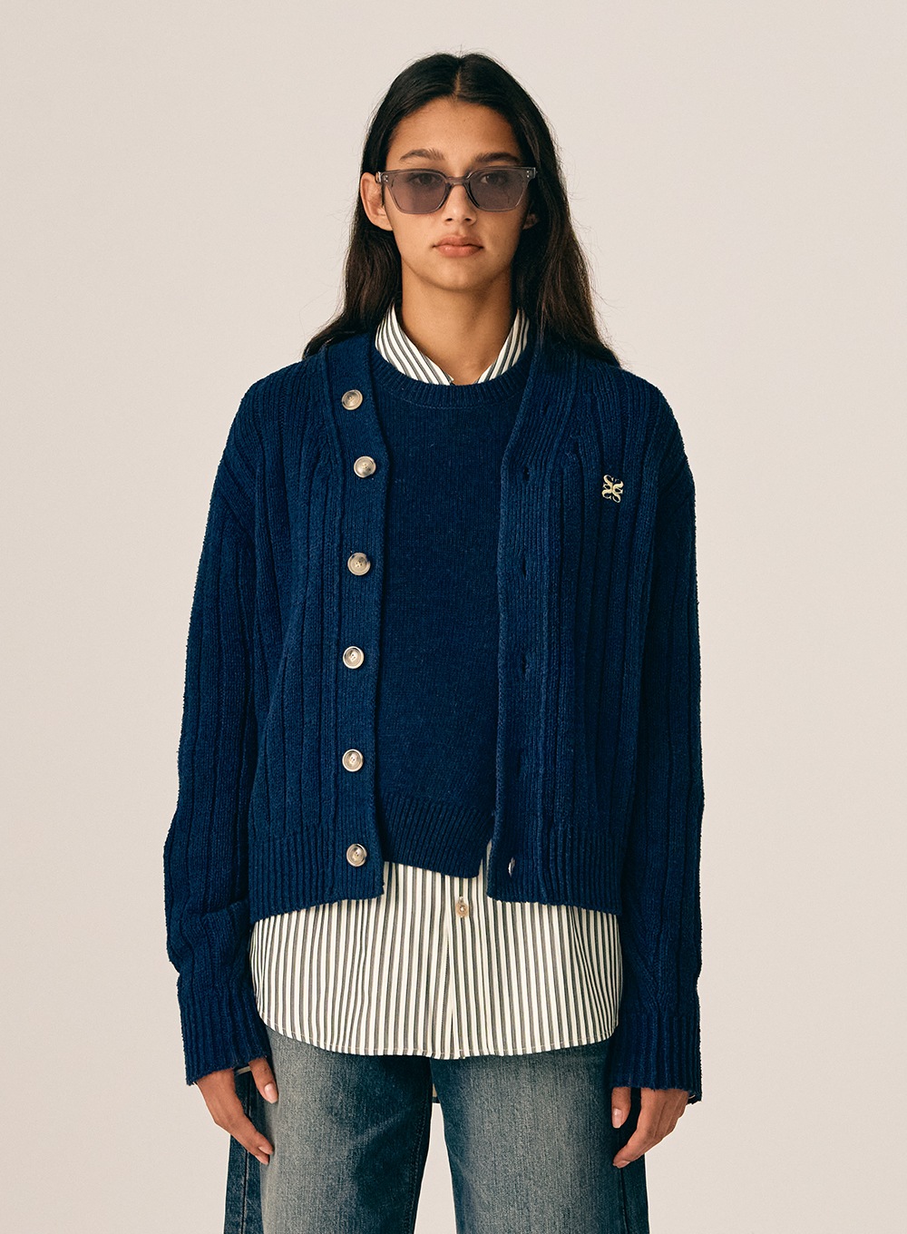 【SATUR】 (W)FARO OVER SIZE BOUCLE CARDIGAN : NAVY PEONY