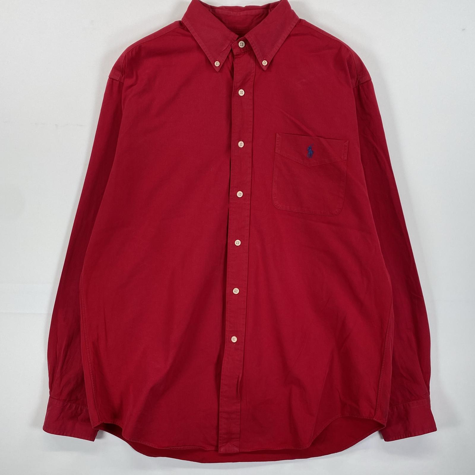 古着 90s/90年代 長袖シャツ ボタンダウン ワンポイントロゴ刺繍 胸ポケット L レッド 無地 メンズ