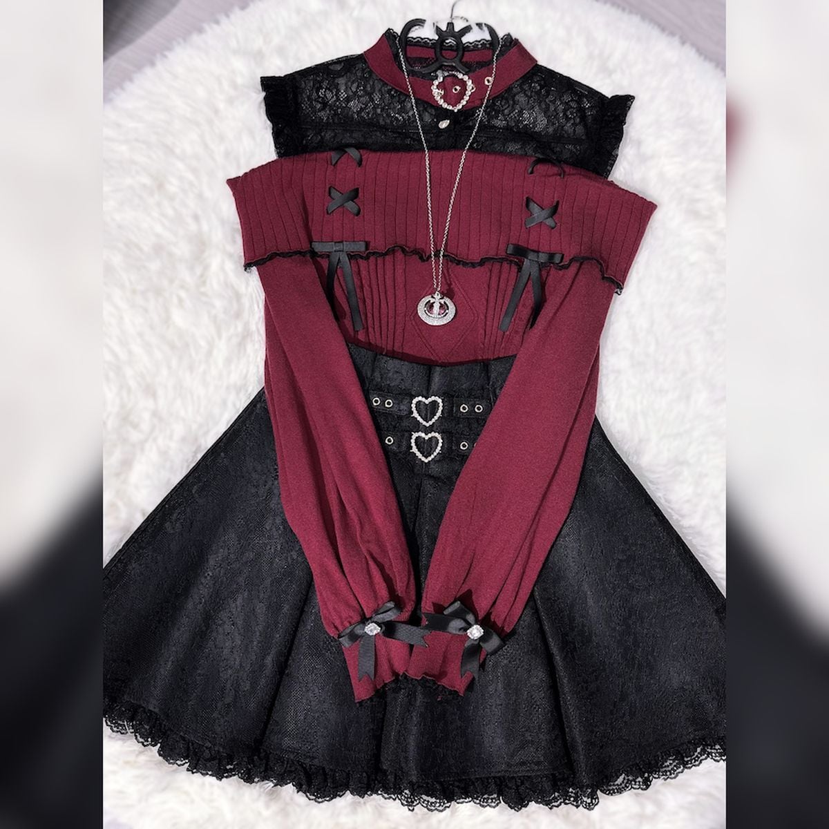 地雷系レースオープンショルダーセーター裹起毛