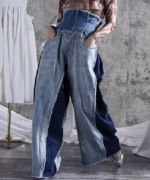 レディース パンツ ボトムス デニム フレアパンツ ジーンズ カジュアルパンツ ワイドパンツ ロング ワイド フレア ブーツカット ウォッシュ 切り替えデザイン 配色 異素材ミックス 大人可愛い