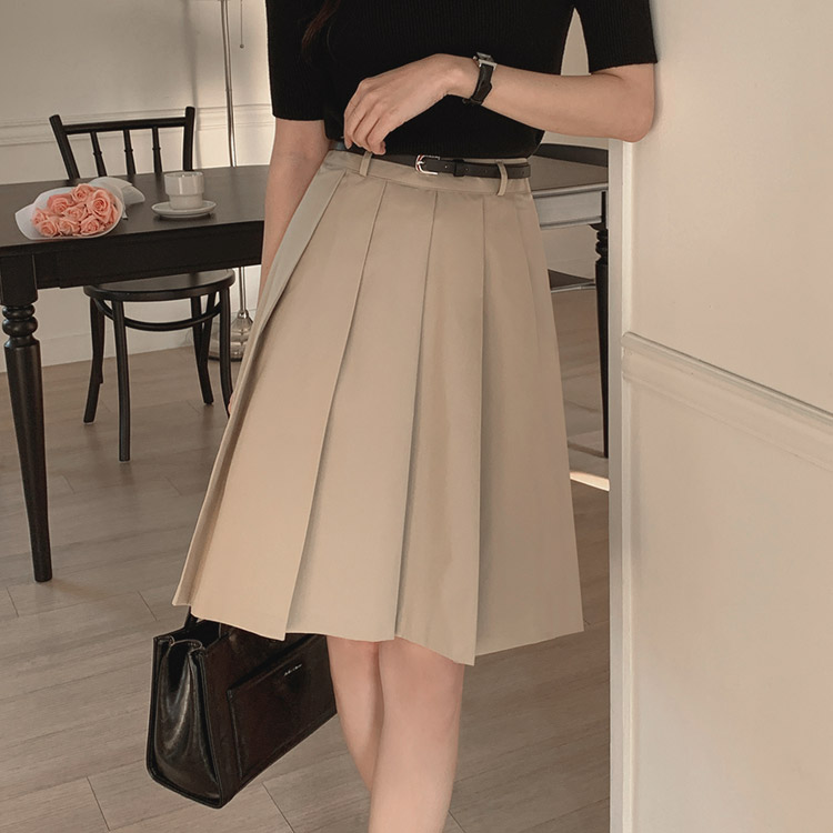[tsk0560] 韓国ファッションベルトセットプリーツミディスカート