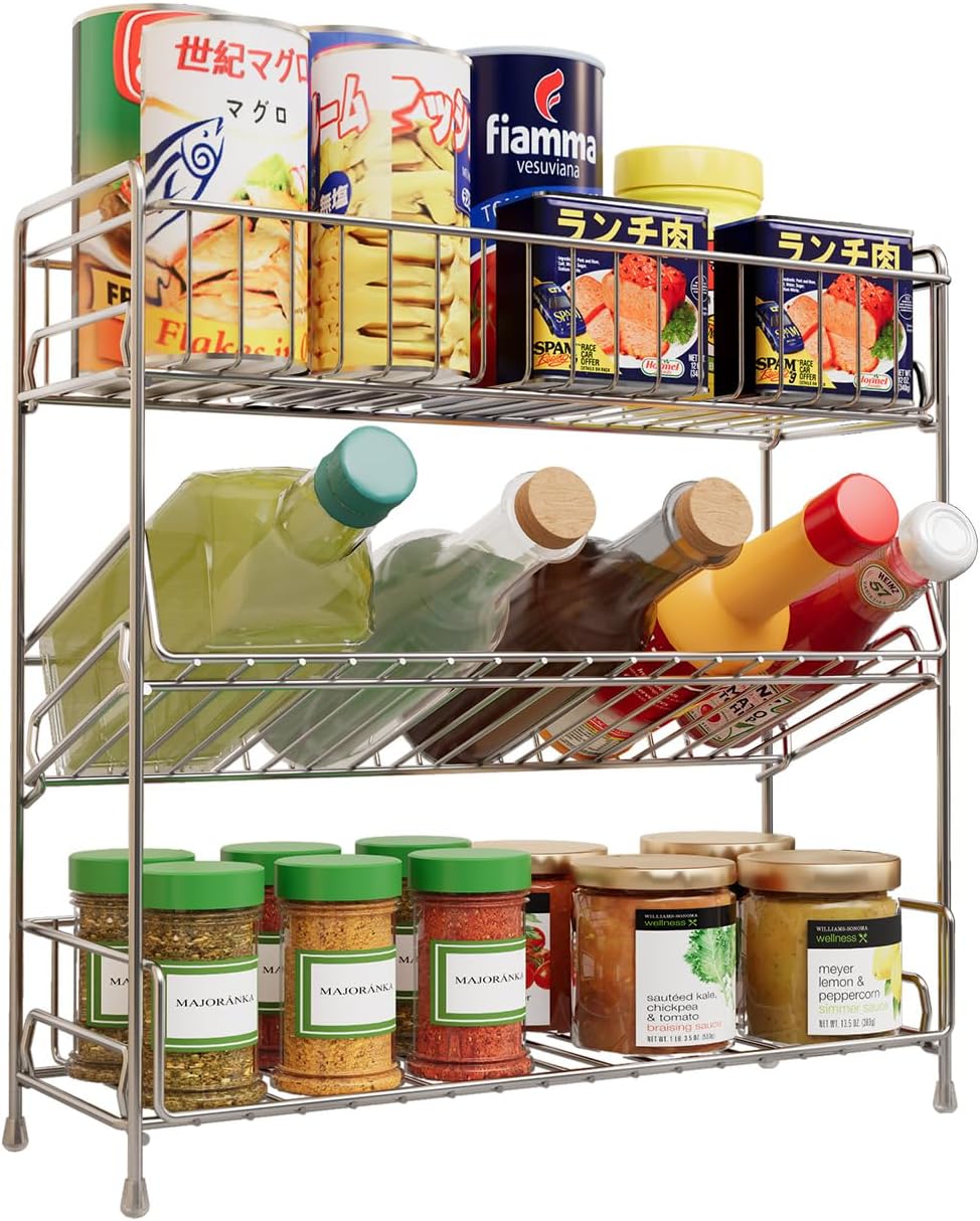 ステンレス製3段式キッチンスパイスラック 幅39.2×高さ37.5cm 調味料・缶詰収納