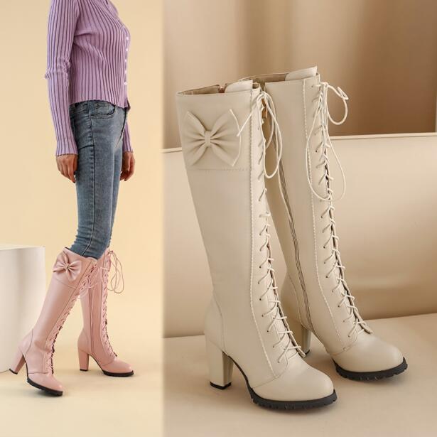 レディースブーツ　ジョッキーブーツ ロリータ風　編み上げブーツ ロングブーツ レディース ブーツ 美脚 膝丈 9cmヒール 大きいサイズ シューズ 靴 ローヒール 太ヒール シンプル ブラック 裏起毛