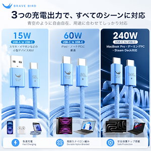 充電ケーブル 急速充電 15W 60W 240W 高耐久 高速転送 C to C usb-C usb-A 編み込みケーブル スマホ イヤホン 高級感 POWER L1