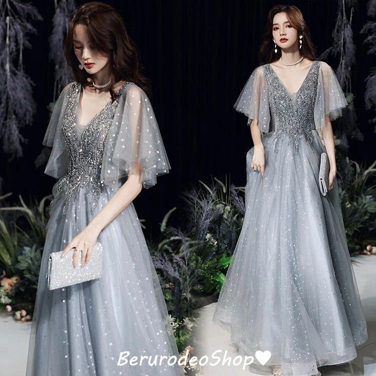 イブニングドレス グレー ロングドレス パーティードレス Vネック Aライン 結婚式ドレス 二次会ドレス お呼ばれドレス ロング 発表会ドレス 黒 ブラック コンサート コンクール