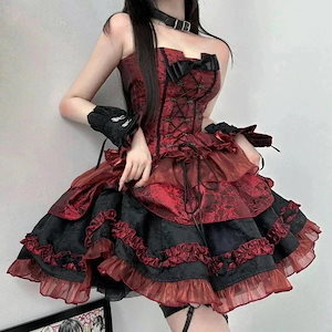 母の日ロリータ 仮装 黒 赤 ドレス コスプレ ミニスカートセット ワンピース コスプレ メイド服 文化祭
