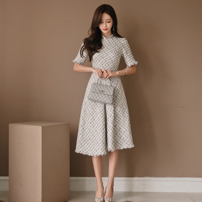 レディース ワンピース フレアスカート 膝下 半袖 ラウンドネック Aライン アシンメトリー