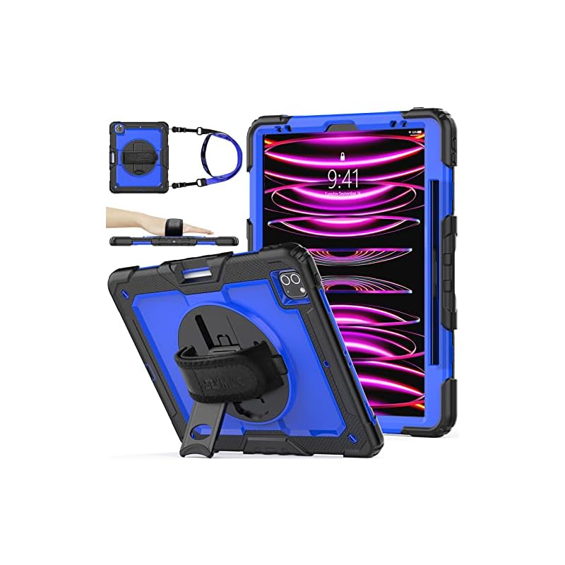 SEYMAC stock 12.9インチiPad Pro 第6世代 2022 ケース 耐衝撃 保護フィルム付き ペン収納 360回転スタンド ハンドストラップ ショルダーストラップ 全面保護カバー