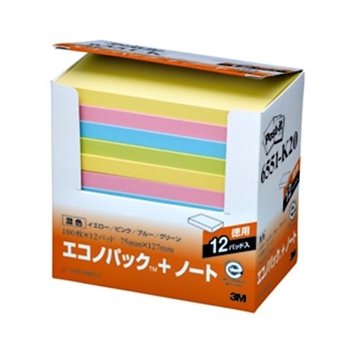 （まとめ買い）ポストイット エコノパック リサイクル紙ふせん ノート 75x127mm 100枚x12パッド（4色混色） 6551-K20 [x3]