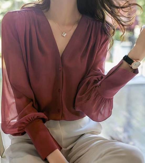 トップス シャツ ブラウス 袖あり 長袖 Vネック 透け感 薄手 シアー 大人可愛い きれいめ