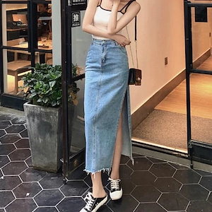 レディースデニムスカートスリットカットオフデニムミモレ丈ジーンズボトムスカジュアルキュート可愛いフェ