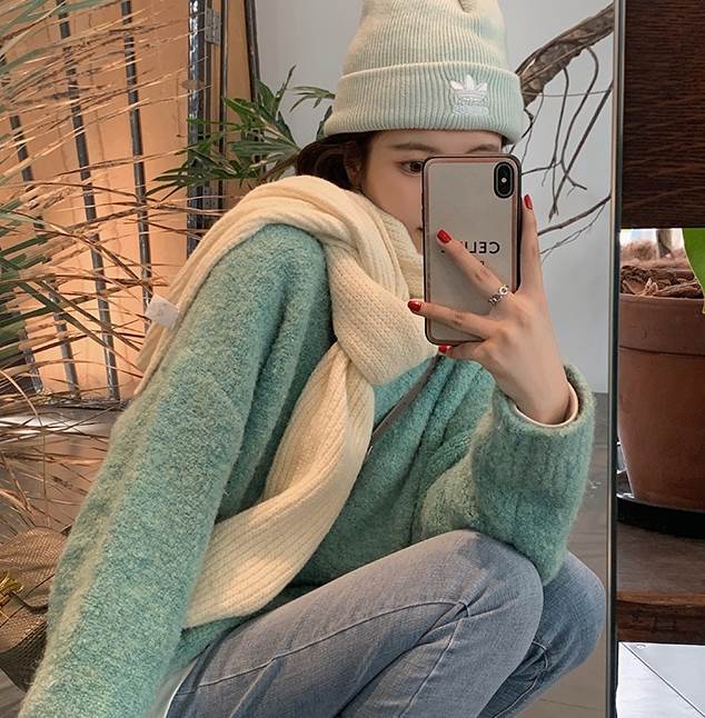 トップス ニットソー プルオーバー 長袖 萌袖 ラウンドネック 襟なし モコモコ ニット 厚手 かわいい シンプル おしゃれ こなれ感 ラフ ラブリー キュート ガーリー 無地 秋 冬 10代 20代