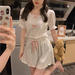 寝巻き ルームウェア 可愛い カップ付きインナー パジャマ 二点セット インナーウェア 部屋着 セットアップ