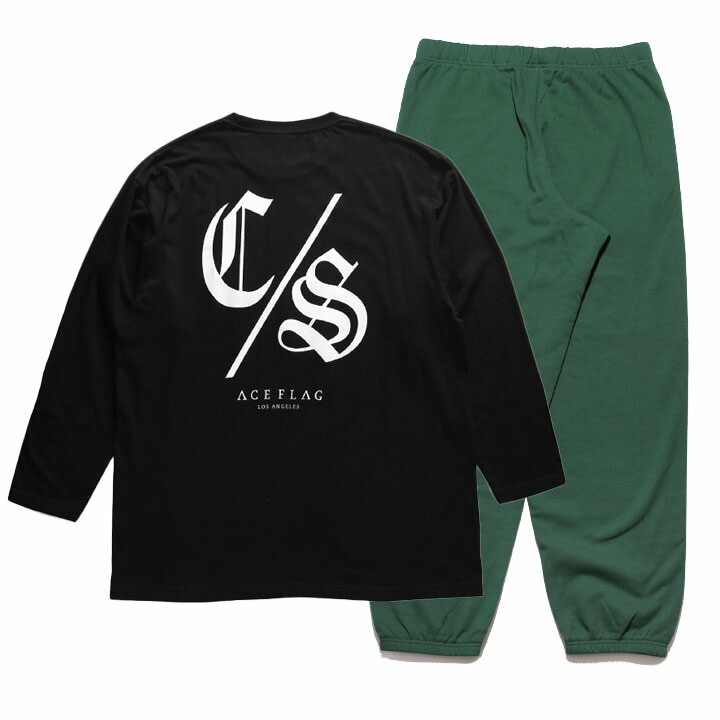 ACE FLAG 上下セット 長袖 ブランド スケボー メンズ 春秋冬用 黒 大きいサイズ エースフラッグ セットアップ ロンT スウェットパンツ 裏パイル CS