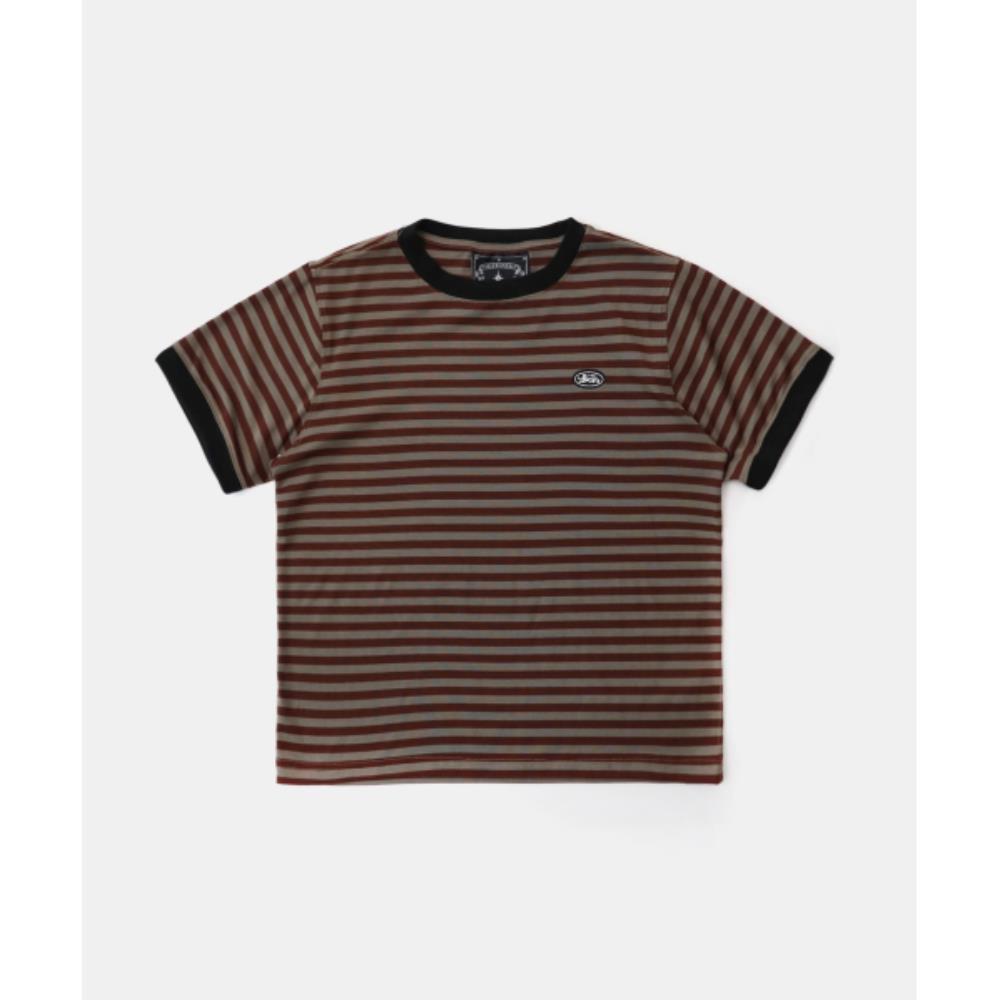 BADBLOOD Tiny Logo Jersey Ringer T-Shirt Brown Stripe w