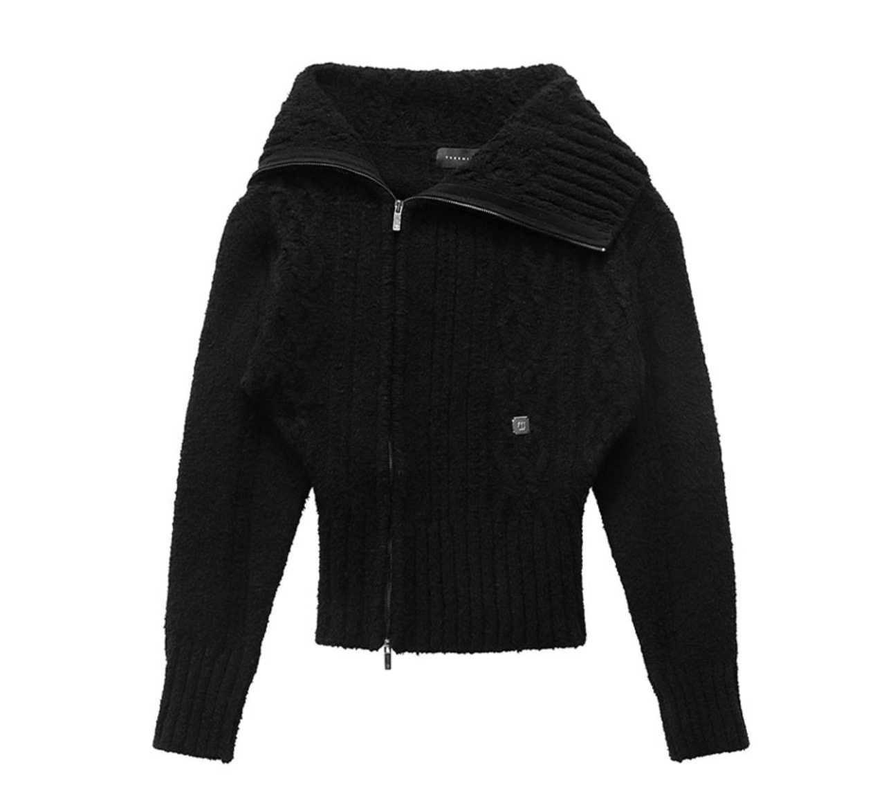 【TREEMINGBIRD】 2-WAY UNBALANCE OFF-SHOULDER KNIT ZIP-UP : BLACK
