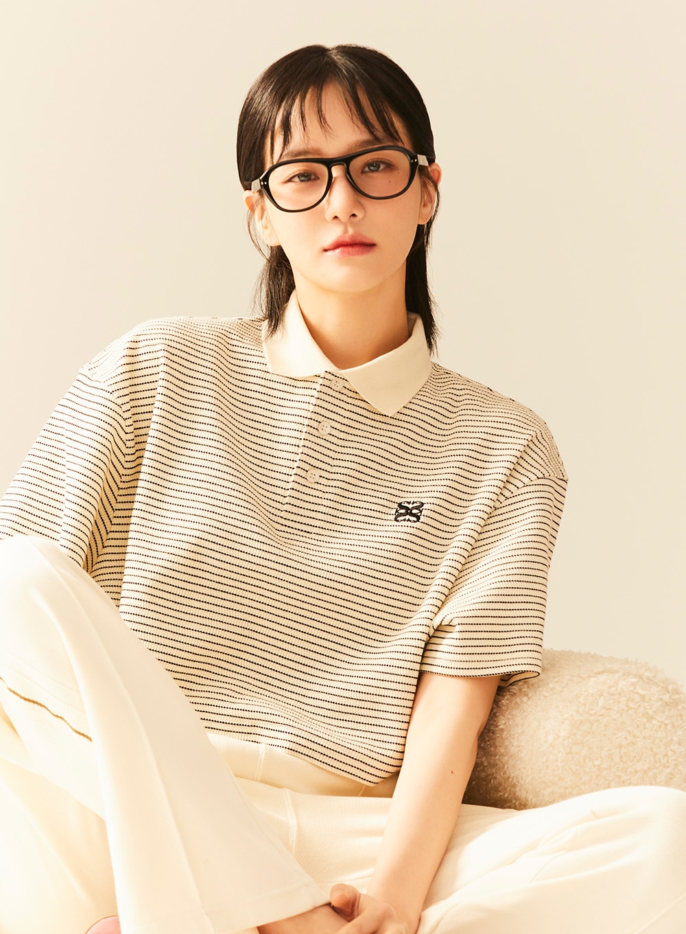 [세터] (W) ストライプ カラー 半袖 Tシャツ ( Ivory Black )