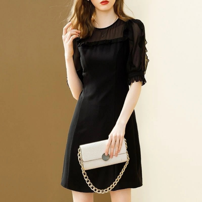 【急速出荷】フリル パーティードレス ワンピースシアー切り替え レディース ミディアム丈 膝上 半袖 パフスリーブ クルーネック 透け感 体型カバー 大人可愛い きれいめ パーティードレス