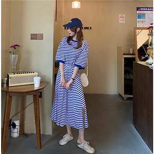 最安値に挑戦Tシャツワンピ ワンピース ロング スリット ボーダー カジュアル 大人 ゆったり ゆるワンピース 体型カバー