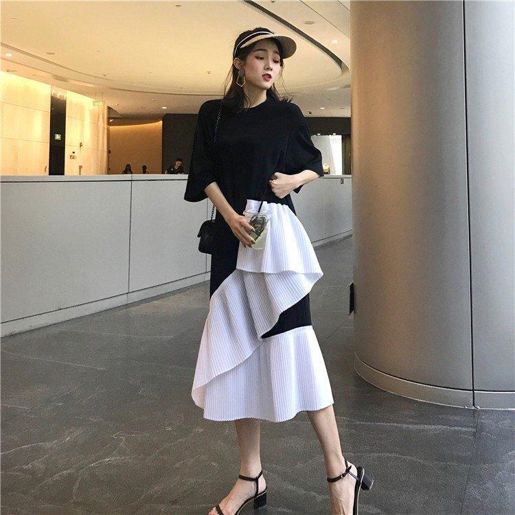 夏 ワンピース レディース ５分袖 お洒落 ロング丈 ワンピ 大人 不規則 裾 綺麗め レイヤード Aライン 大人 フリル