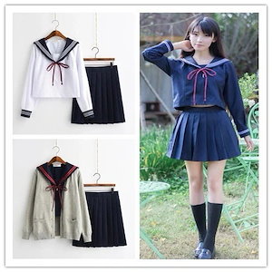 海軍風学園風 K制服コスム白襟長袖半袖セーラー服学生服プリーツスカート4点セット415