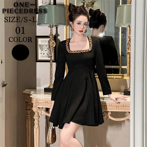 ブラックミニドレス　フレアワンピース　セクシードレス　キャバドレス　パーティードレス　ナイトドレス　フレアシルエット　姫系　長袖　スクエアネック　セクシー上品 大人 きれいめ スナック 結婚式 ドレス