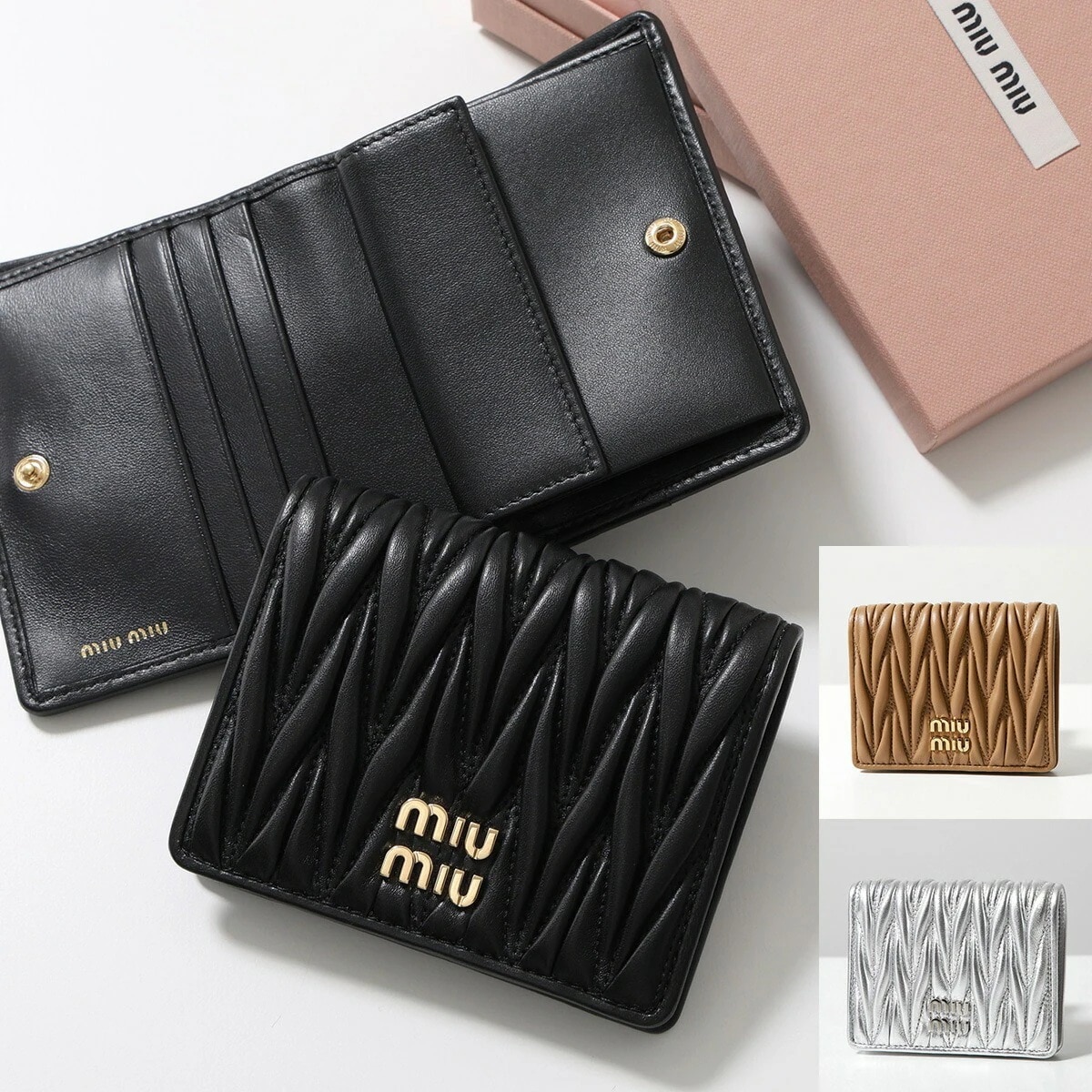 MIUMIU ミュウミュウ 二つ折り財布 5MV204 2FPP AFPP レディース MATELASSE マテラッセ レザー スモール ミニ財布 豆財布 メタルロゴ カラー11色