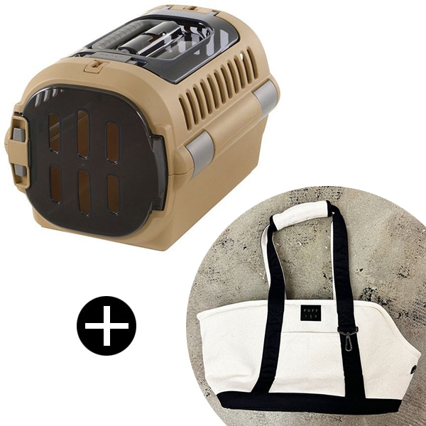 キャンピングキャリーファイン ダブルドア S ブラウン + PUFF pet carry canvas tote M P24002-15 ブラック ペットキャリー セット