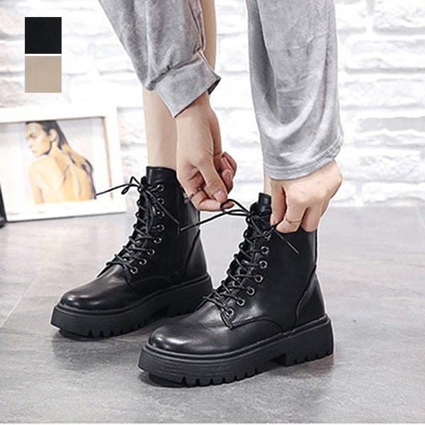ブーツ秋冬ショートワークブーツ厚底ブーツローヒールレースアップPUレザー合皮シューズ靴レディース