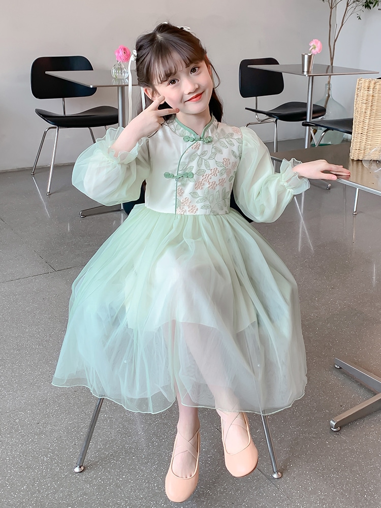 女の子の春の秋のドレス2024のガーゼスカート子供の春のプリンセスドレスの若い女の子春のスカート色の分類 r n1001-グリーン r n1002-ピンク r n2000-基準高さ r n2001-1