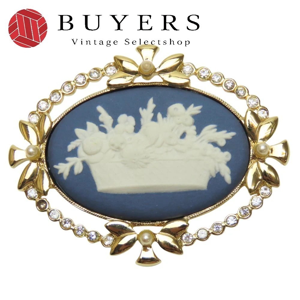 中古 ブローチ メタル ラインストーン ブルー ゴールド金具 メッキ アクセサリー レディース 女性