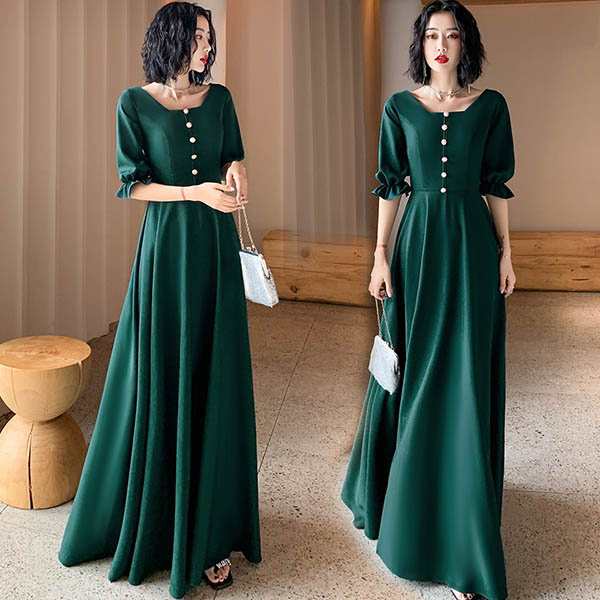 パーティードレス レディース ロング丈ドレス レディース 緑 結婚式 バブルスリーブ スクエアネック 発表会ドレス レディース 上品 スタイルいい カクテルドレス レディース ノースリー