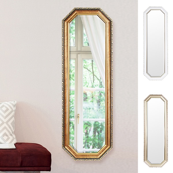 ウォールミラー 壁掛けミラー クラシック調 高さ120cm 壁掛け ミラー 鏡 姿見 アンティーク 吊り鏡 壁掛け鏡 日本製 国産 完成品 八角形 ゴールド ホワイト シルバー 120cm
