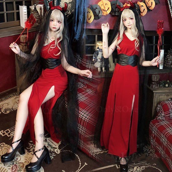 悪魔 コスプレ デビルコスプレ ハロウィン ドレス スリット 可愛いワンピース セクシー小悪魔ドレス 売り切れ必至
