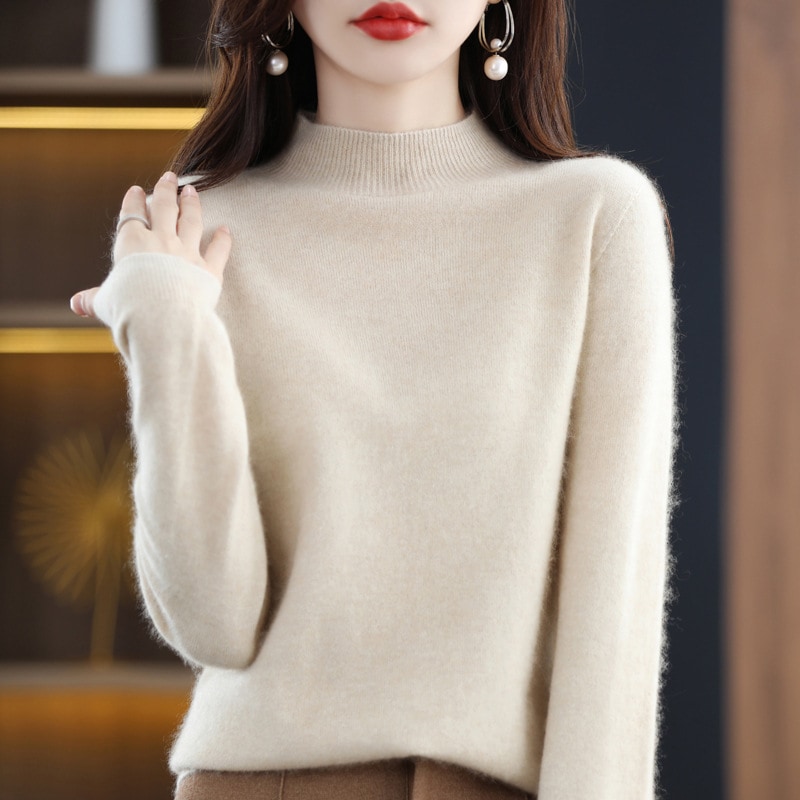 100% 純粋なウールのファーストラインの既製服シームレスな秋と冬の新しいショート スタイルの女性のハーフ タートルネック ルーズ ボトム ニット セーター インナーウェア