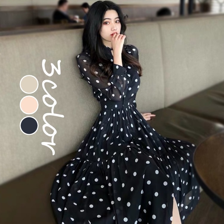 ワンピース レディース 夏 長袖 きれいめ 通勤 ドット マキシワンピース ロング丈 シフォンワンピース オシャレ カジュアル ゆったり 結婚式 演奏会 発表会 3色