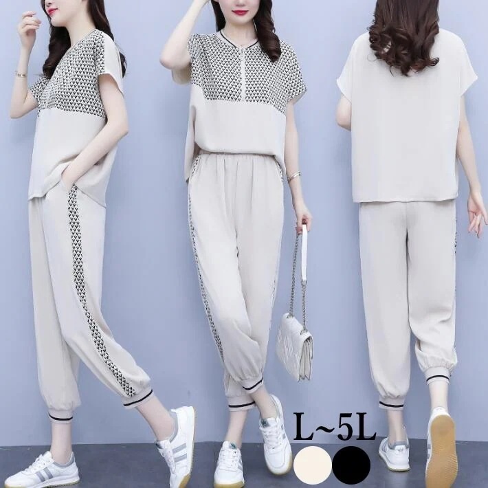セットアップ　2点セット　ブラウス　パンツ　トップス　ボトムス　ジョガーパンツ　半袖　ウエストゴム　レディース　カジュアル　大きいサイズ　夏　L　2L　3L　4L　5L今日は30パーセント