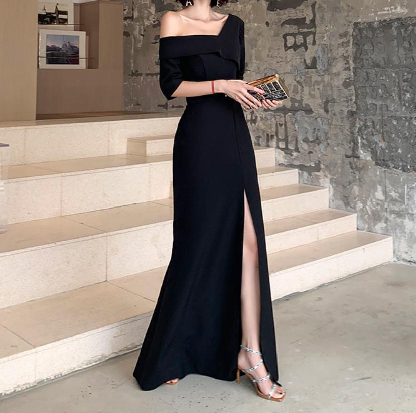 パーティードレス 4色 ワンショルダー ロング スリット Vネック 七分丈 無地 ロング 半袖 ホームパーティーアイテム 謝恩会 結婚式二次会 かわいい 大人可愛い きれいめ シンプル 上品