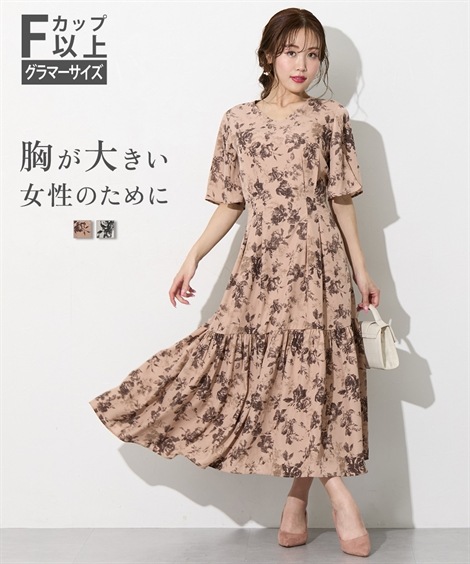 ロング・マキシ丈/半袖 大きい胸専用 花柄袖スリット半袖ワンピース ポケット付