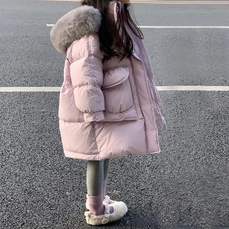 子供用 女の子の洋風大毛襟連帽ダウン綿入れ子供用ミディアム綿入れ 厚手保温コート 4,855円
