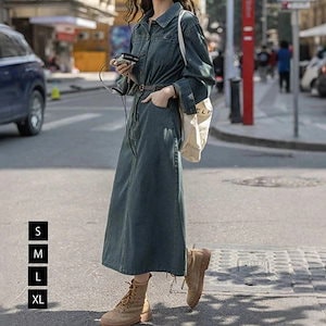 デニムワンピース デニム ワンピース 春 秋 長袖 ワンピ ロング丈 ロングワンピース きれいめ レディース ゆったり 体型カバー シンプル 無地 カジュアル 柔らか 着心地 着痩せ 上品 通勤 普