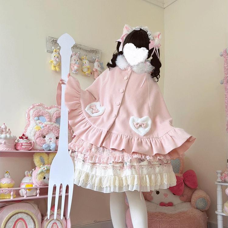 ロリータ 姫系 ケープコート マント ポンチョ コート アウター リボン うさみみ フード付き ファーケープ フェイクファー 裏起毛