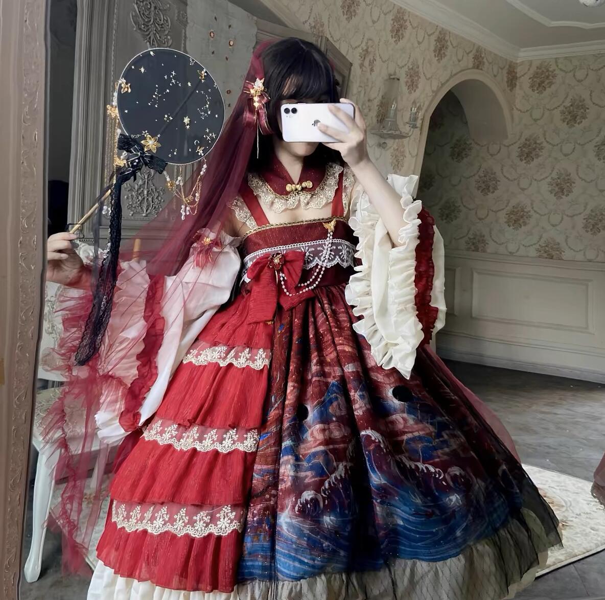 迅速な出荷 ロリータ ワンピース ジャンパースカート ミドル丈 Ａライン レース スリルいっぱい 蝶リボン付き つけ襟 ネックウエア 姫袖 お姫様 可愛い ゴスロリ ロリータ服 Lolita Dres