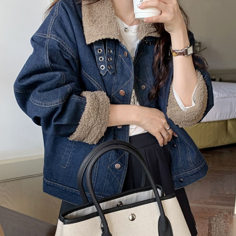 [JK_H1005_1] 울데님 비조 버튼 스티치 다크 블루 하이넥 버클 청자켓