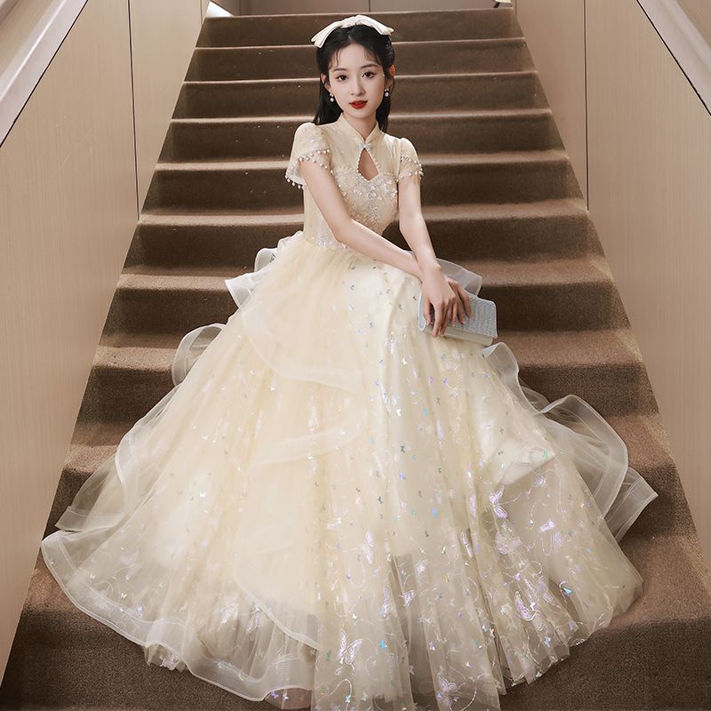 冬のワンピースドレス シャンパン色の宴会ドレス女性新型大人気！！！演奏会/ロングドレス韓国ファッション/入学式