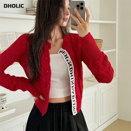 [メガ割りSALE]フロント配色レタリングケーブルニットカーディガン