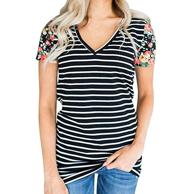 熱い販売の女性のカジュアルVネック半袖ストライププリントTシャツ 贅沢 最適な材料
