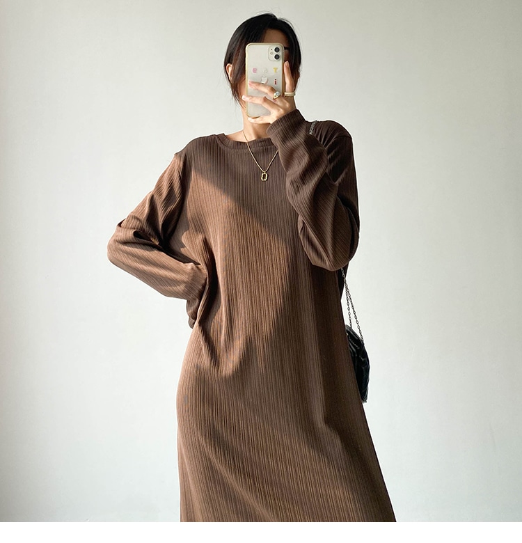 ワンピース ロングワンピース リブワンピース ロング ロング丈 袖あり 長袖 ラウンドネック 細身 ストレート スマート かっこいい 個性的 ブラウン ブラック L XL 2XL 3XL 5,151円